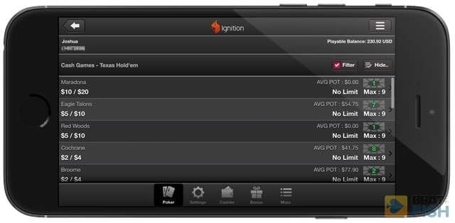 Ignition Poker Lobby on Mobile