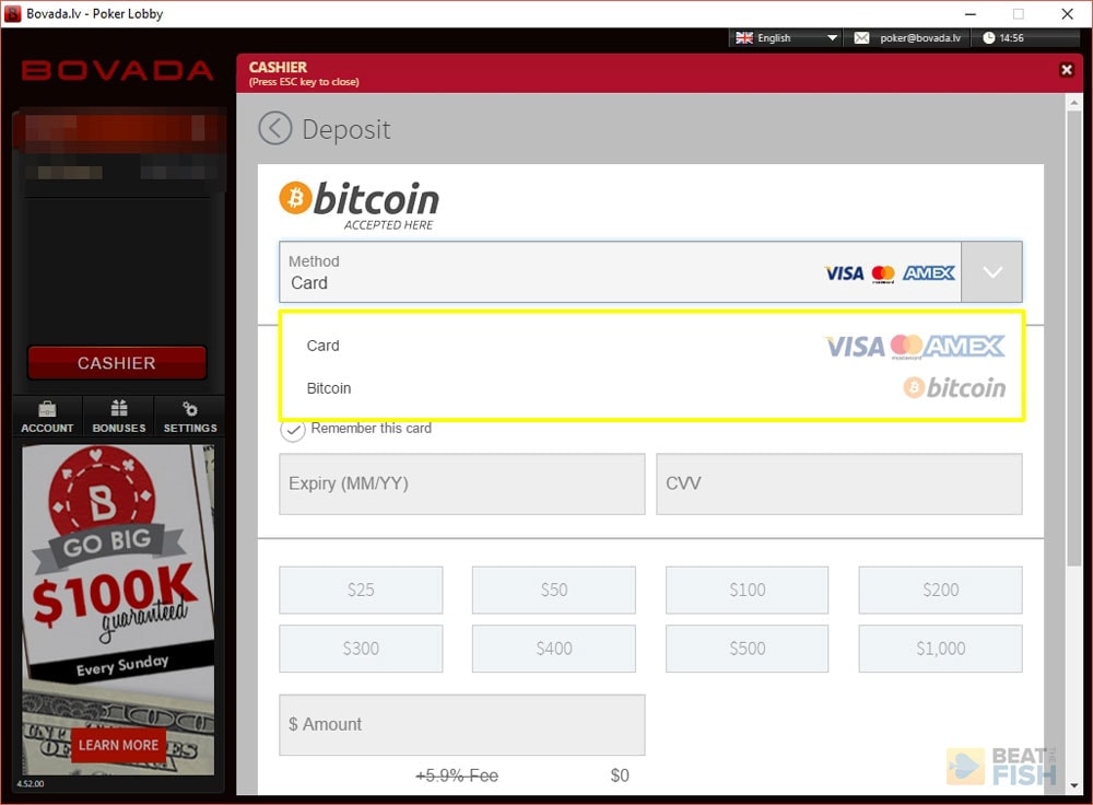 Selecting Bitcoin at Bovada Poker