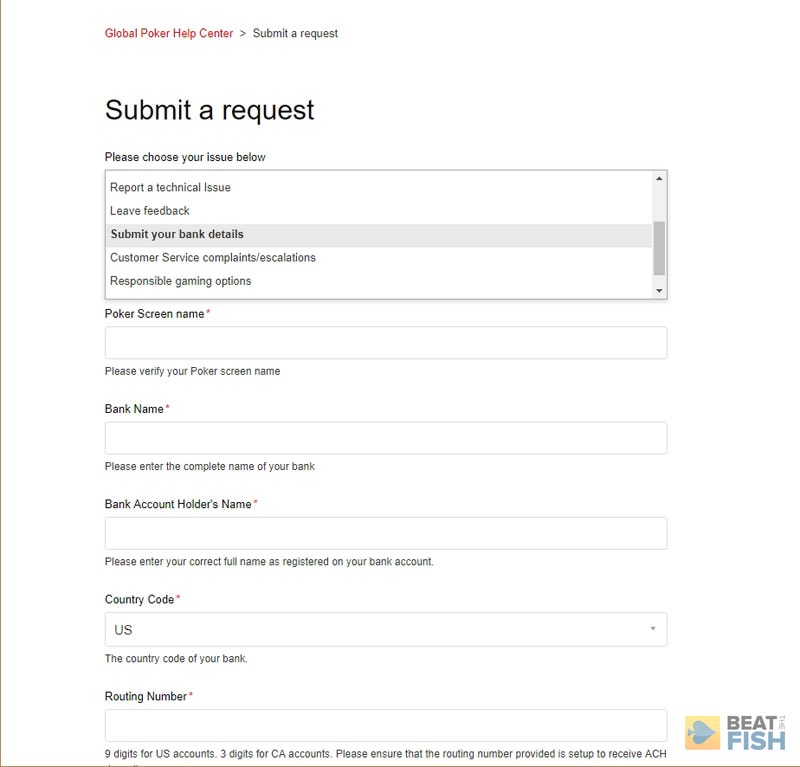 Submitting Bank Information to Global Poker