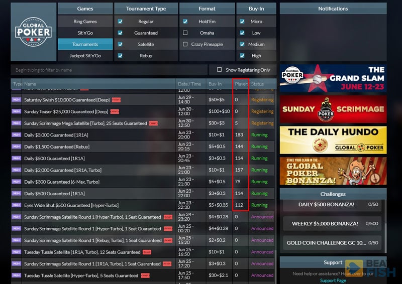 Global Poker Tournament Lobby