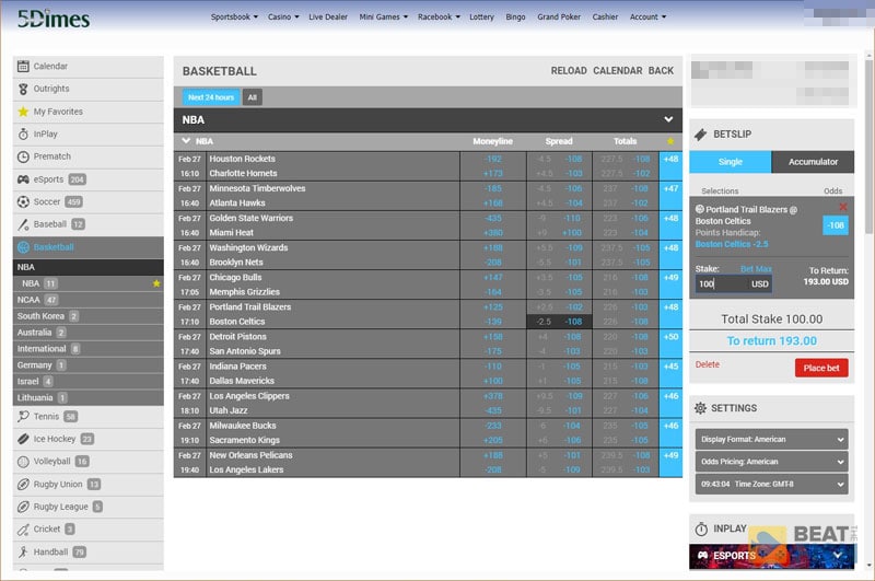 5Dimes Sports Betting Prime Interface