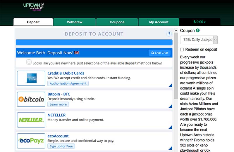 deposit options at uptown aces casino