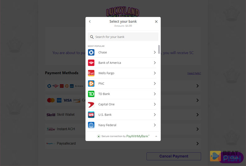 LuckyLand Slots Online Banking Purchase